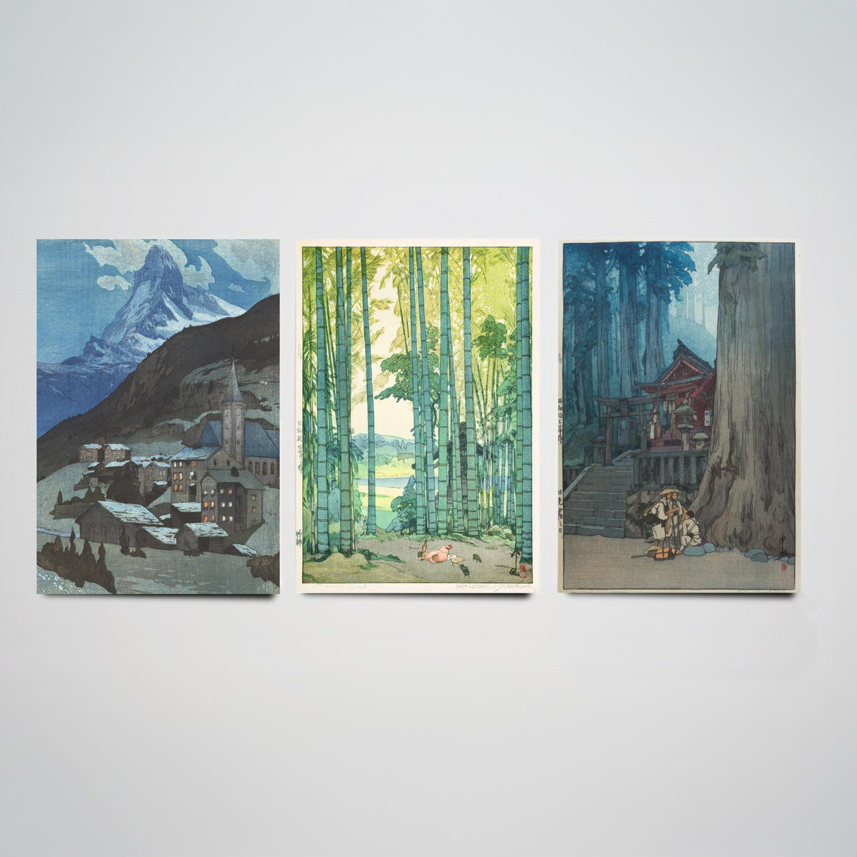 Hiroshi Yoshida Set of Three Art Prints - Mountain Village, Bamboo Grove, Shrine in the Cedars - Japanese Woodcut Poster