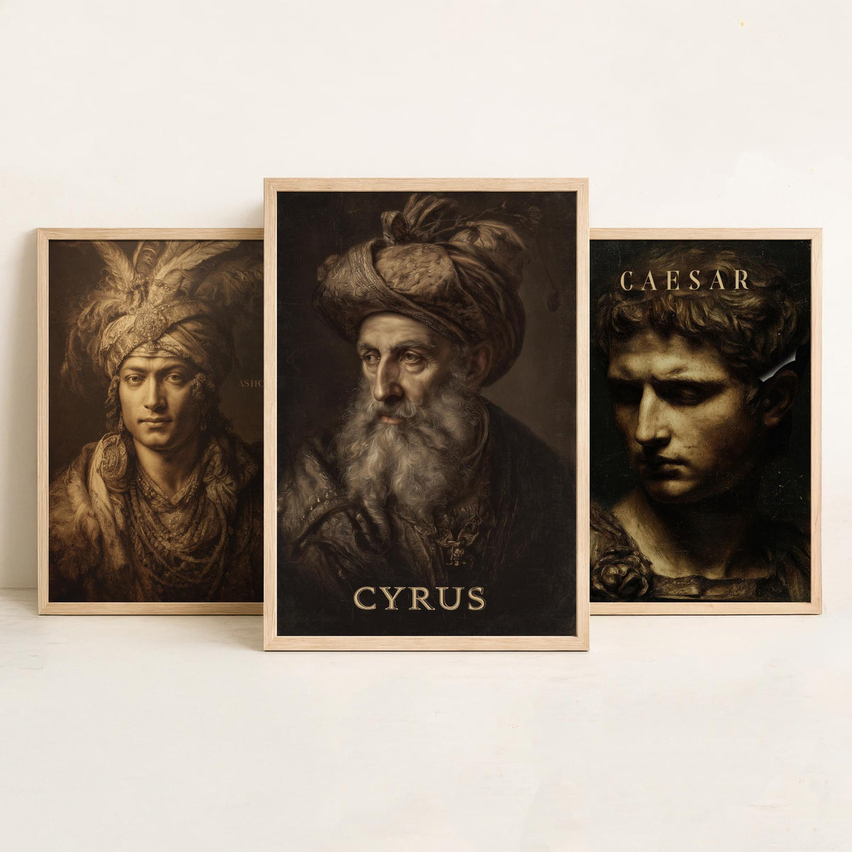 Ancient History Set of Three Art Prints - Ashoka Caesar Cyrus - 3 Emperor Portrait Posters - Painting Wall Art Gift History Teacher