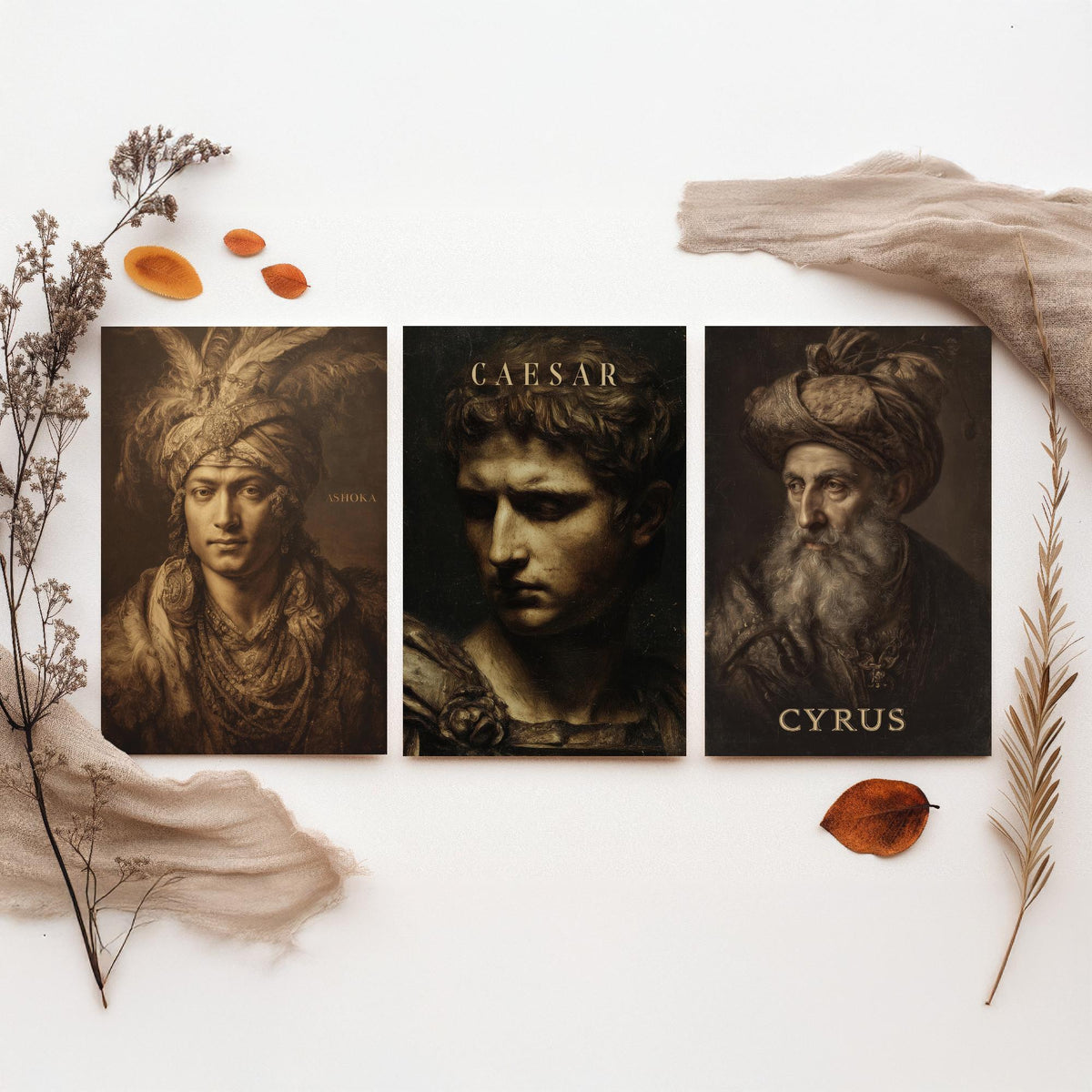 Ancient History Set of Three Art Prints - Ashoka Caesar Cyrus - 3 Emperor Portrait Posters - Painting Wall Art Gift History Teacher