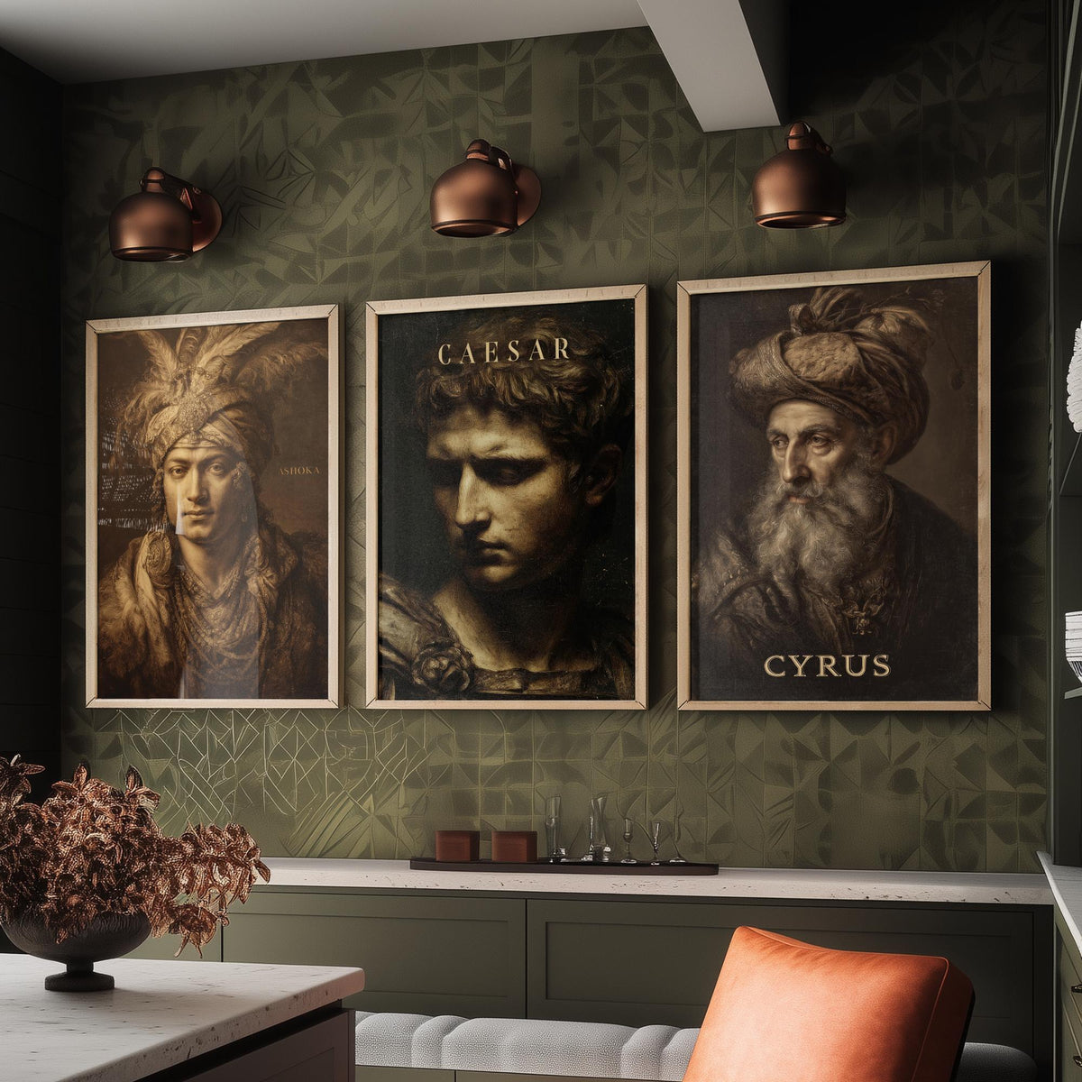 Ancient History Set of Three Art Prints - Ashoka Caesar Cyrus - 3 Emperor Portrait Posters - Painting Wall Art Gift History Teacher