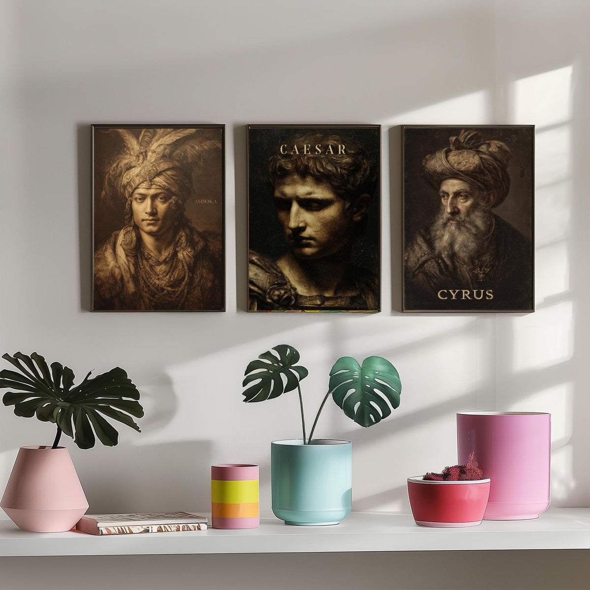 Ancient History Set of Three Art Prints - Ashoka Caesar Cyrus - 3 Emperor Portrait Posters - Painting Wall Art Gift History Teacher