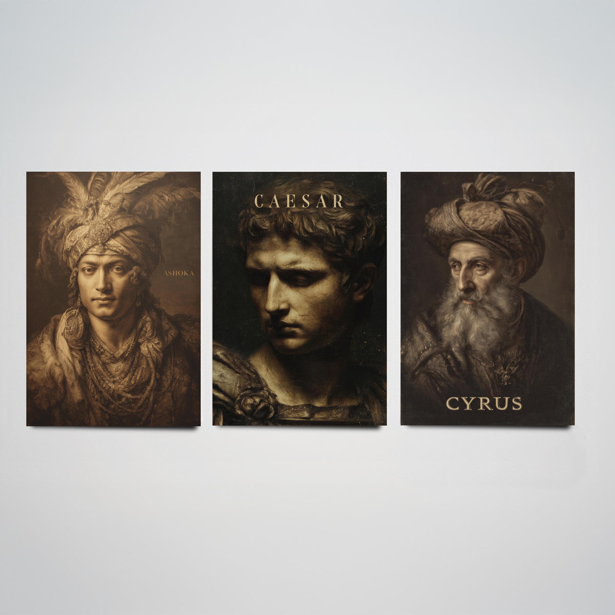 Ancient History Set of Three Art Prints - Ashoka Caesar Cyrus - 3 Emperor Portrait Posters - Painting Wall Art Gift History Teacher