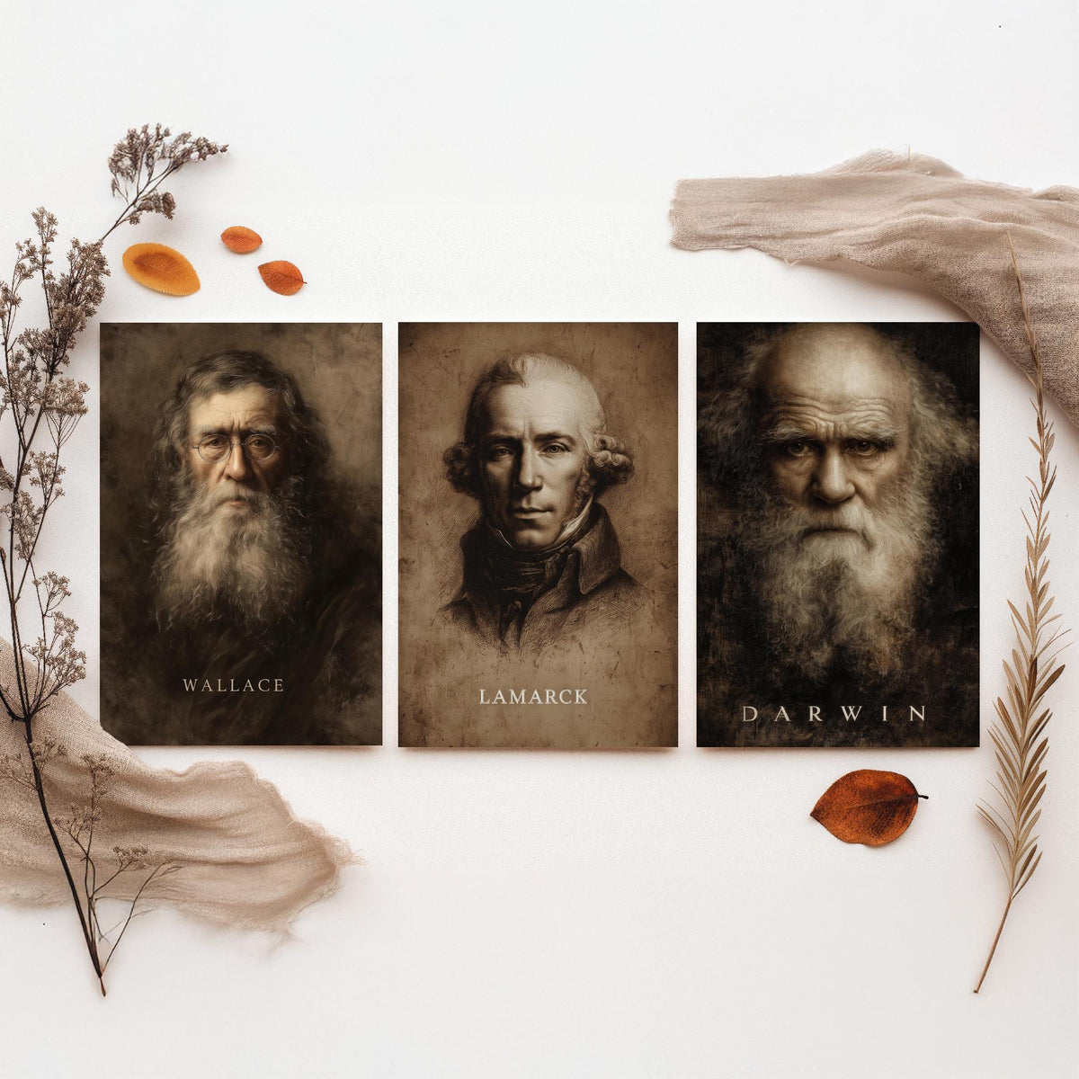 Evolution Set of Three Art Prints - Darwin Wallace Lamarck - 3 Scientist Portrait Posters - Painting Wall Art Gift Biology Teacher