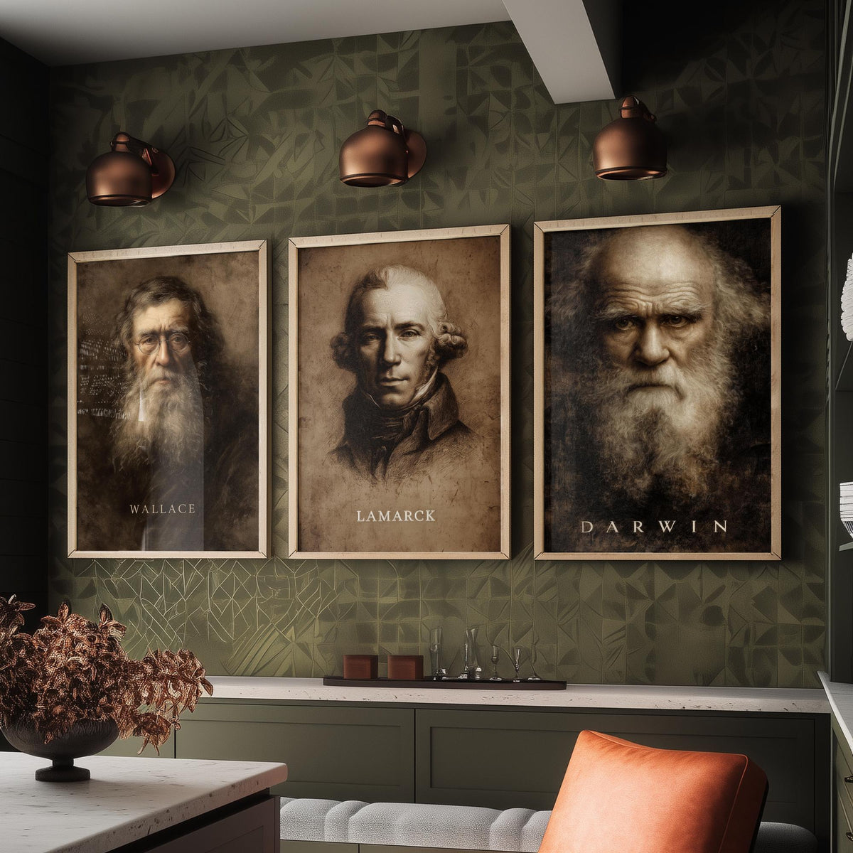 Evolution Set of Three Art Prints - Darwin Wallace Lamarck - 3 Scientist Portrait Posters - Painting Wall Art Gift Biology Teacher