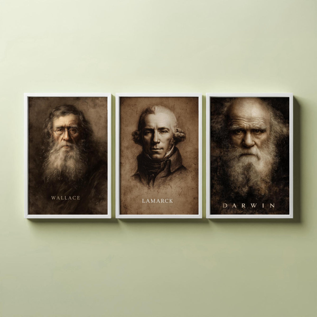 Evolution Set of Three Art Prints - Darwin Wallace Lamarck - 3 Scientist Portrait Posters - Painting Wall Art Gift Biology Teacher