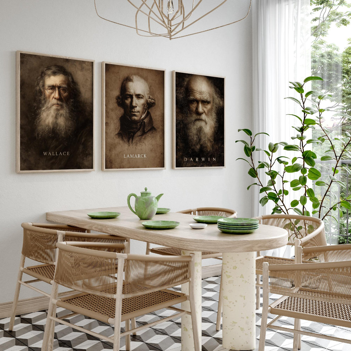 Evolution Set of Three Art Prints - Darwin Wallace Lamarck - 3 Scientist Portrait Posters - Painting Wall Art Gift Biology Teacher