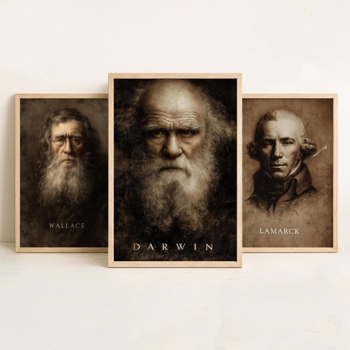 Evolution Set of Three Art Prints - Darwin Wallace Lamarck - 3 Scientist Portrait Posters - Painting Wall Art Gift Biology Teacher
