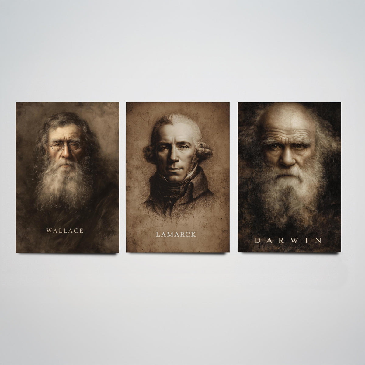 Evolution Set of Three Art Prints - Darwin Wallace Lamarck - 3 Scientist Portrait Posters - Painting Wall Art Gift Biology Teacher