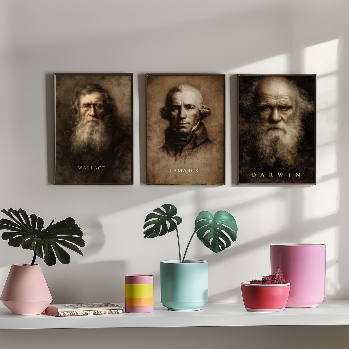 Evolution Set of Three Art Prints - Darwin Wallace Lamarck - 3 Scientist Portrait Posters - Painting Wall Art Gift Biology Teacher