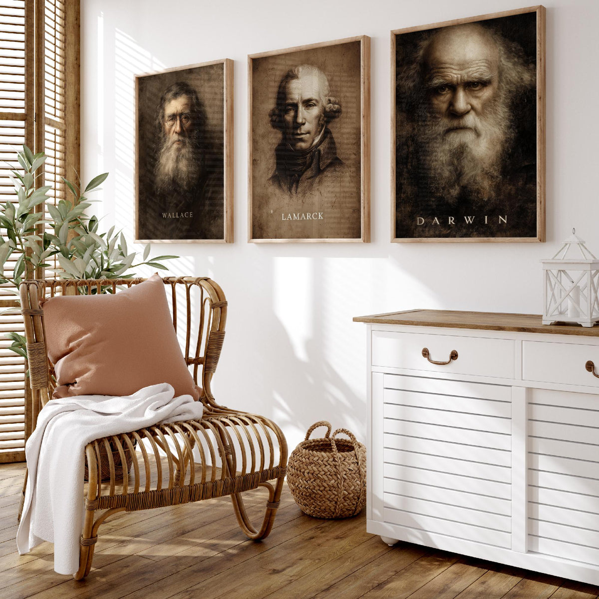 Evolution Set of Three Art Prints - Darwin Wallace Lamarck - 3 Scientist Portrait Posters - Painting Wall Art Gift Biology Teacher