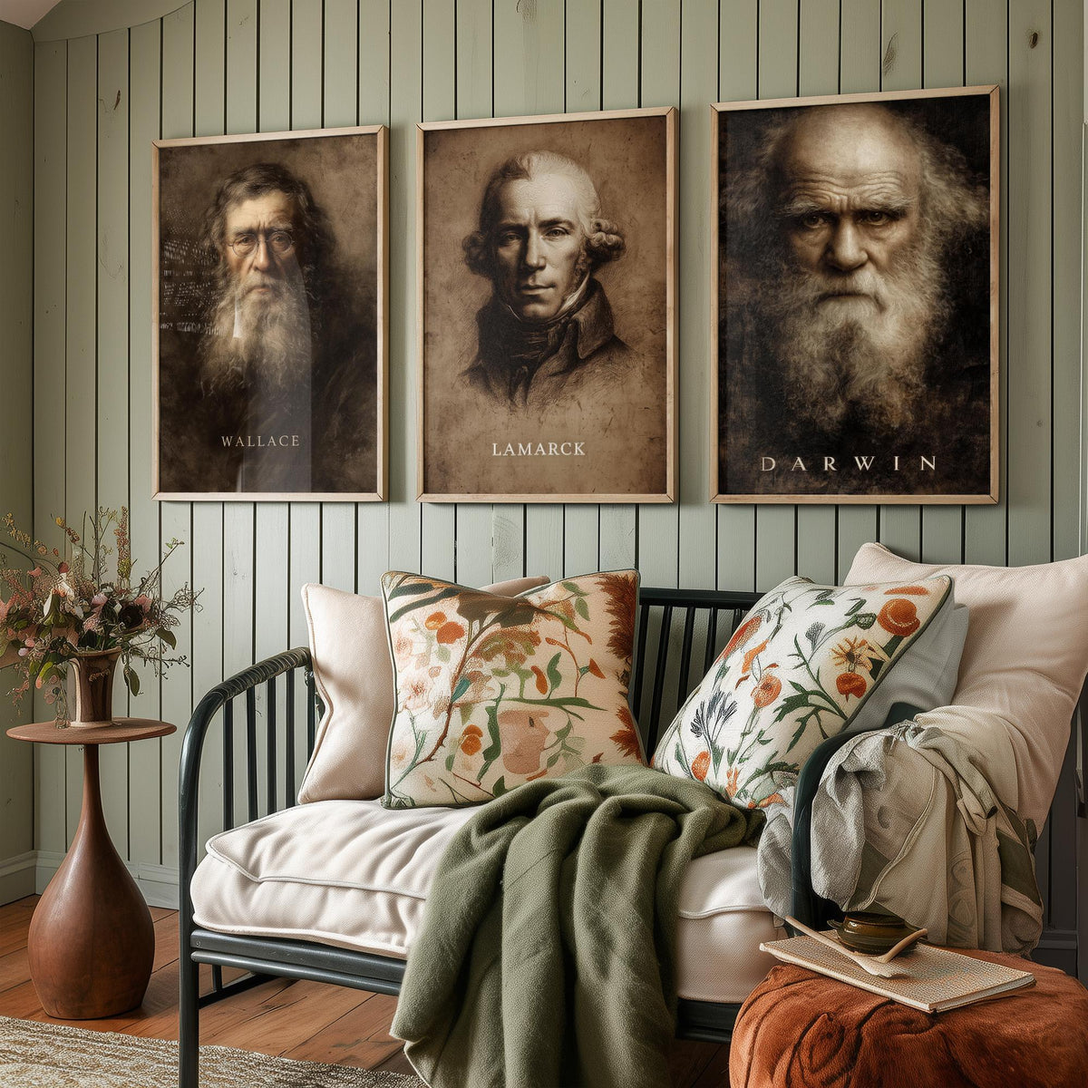 Evolution Set of Three Art Prints - Darwin Wallace Lamarck - 3 Scientist Portrait Posters - Painting Wall Art Gift Biology Teacher