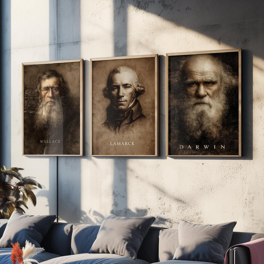 Evolution Set of Three Art Prints - Darwin Wallace Lamarck - 3 Scientist Portrait Posters - Painting Wall Art Gift Biology Teacher