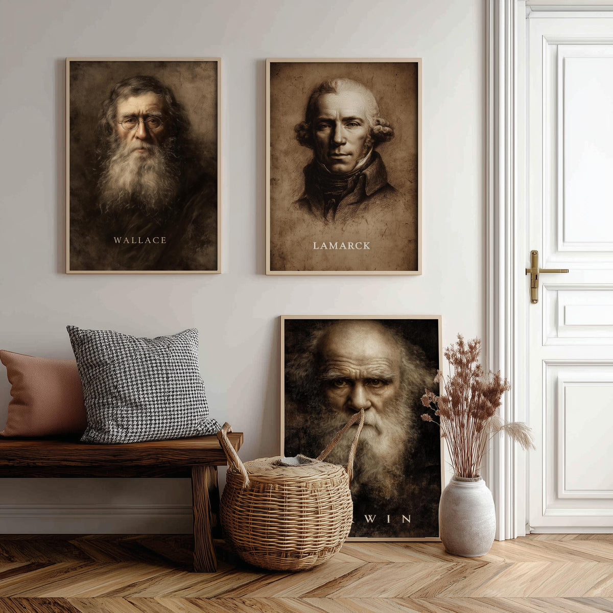 Evolution Set of Three Art Prints - Darwin Wallace Lamarck - 3 Scientist Portrait Posters - Painting Wall Art Gift Biology Teacher