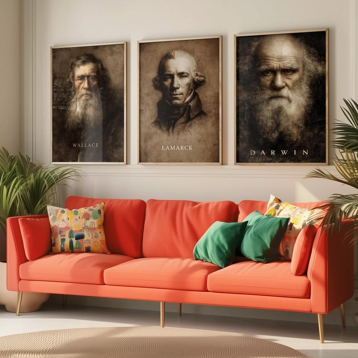 Evolution Set of Three Art Prints - Darwin Wallace Lamarck - 3 Scientist Portrait Posters - Painting Wall Art Gift Biology Teacher