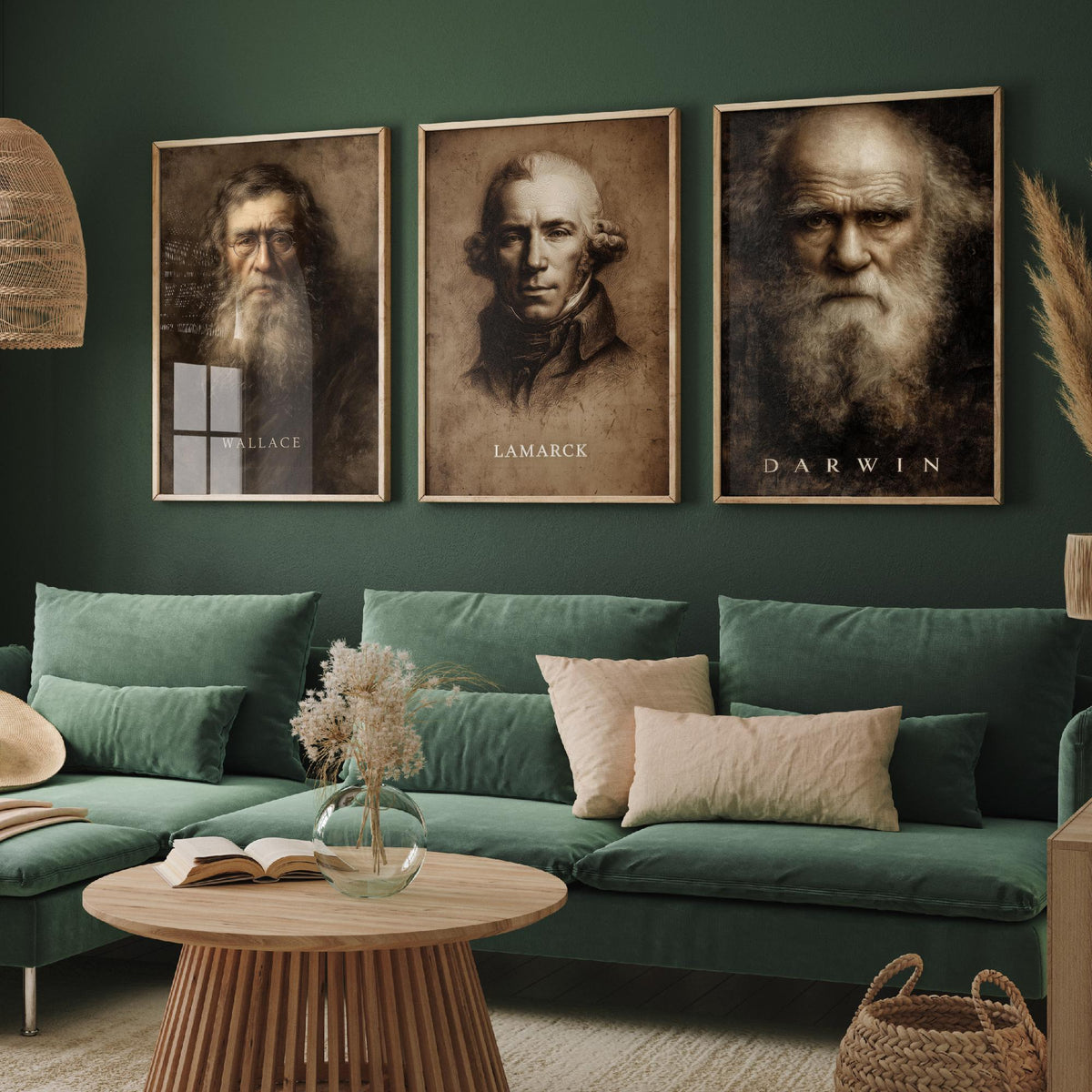 Evolution Set of Three Art Prints - Darwin Wallace Lamarck - 3 Scientist Portrait Posters - Painting Wall Art Gift Biology Teacher