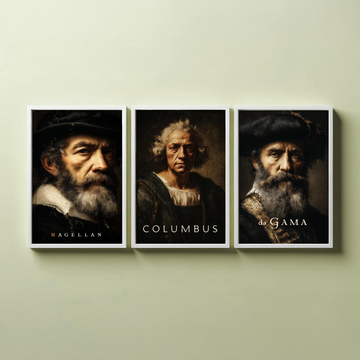 Explorers Set of Three Art Prints - Magellan Columbus da Gama - 3 Portrait Posters - Painting Wall Art Gift History Teacher Maritime