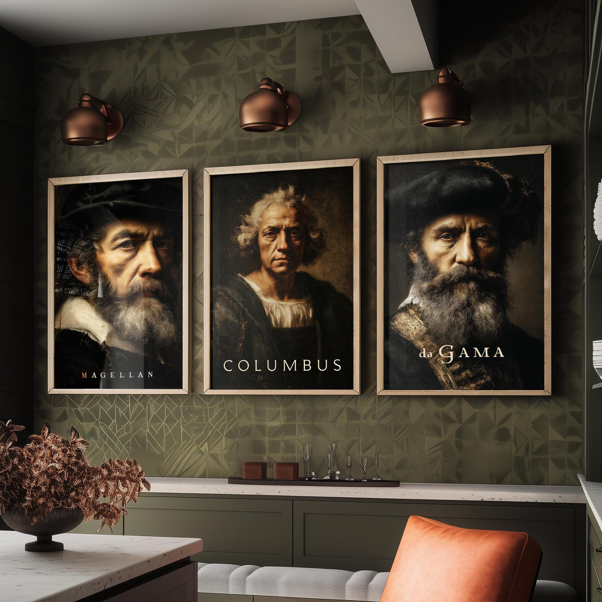 Explorers Set of Three Art Prints - Magellan Columbus da Gama - 3 Portrait Posters - Painting Wall Art Gift History Teacher Maritime