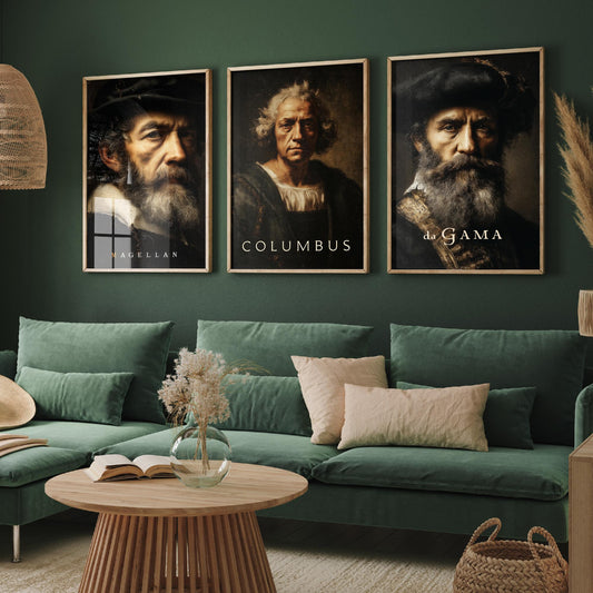 Explorers Set of Three Art Prints - Magellan Columbus da Gama - 3 Portrait Posters - Painting Wall Art Gift History Teacher Maritime