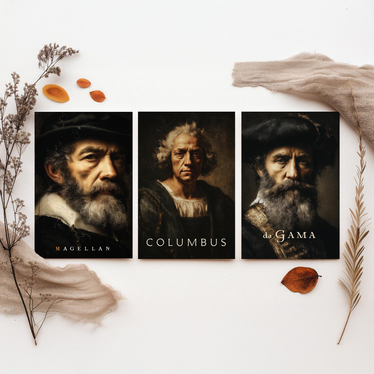 Explorers Set of Three Art Prints - Magellan Columbus da Gama - 3 Portrait Posters - Painting Wall Art Gift History Teacher Maritime