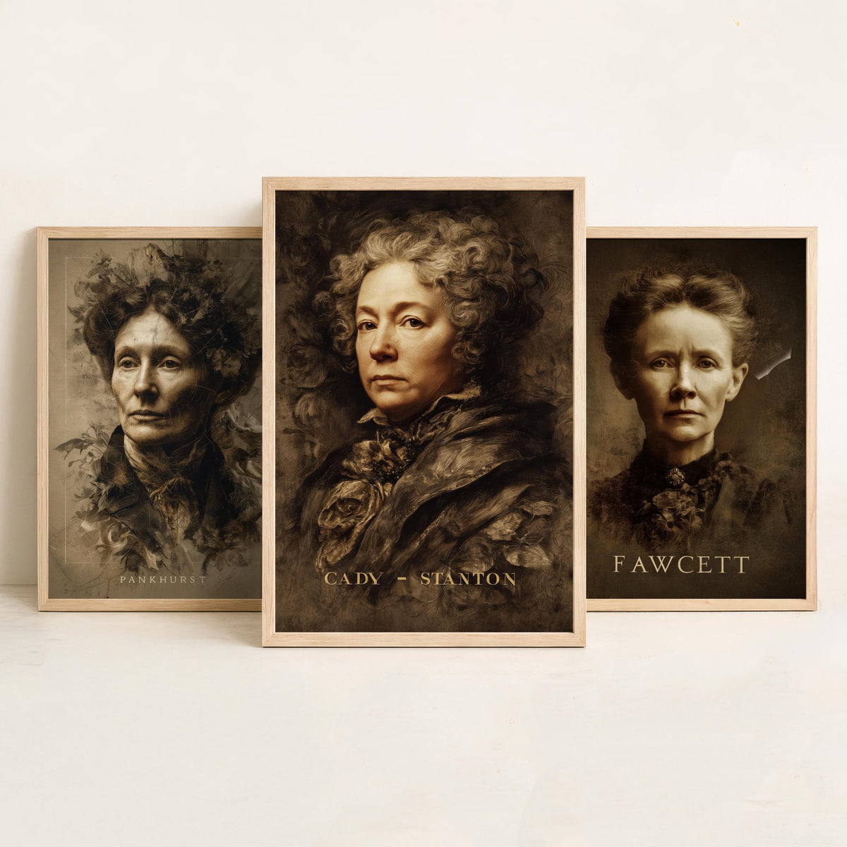 Suffragette Set of Three Art Prints - Pankhurst Fawcett Cady Stanton - 3 Portrait Posters - Painting Wall Art Gift Feminist Votes Women