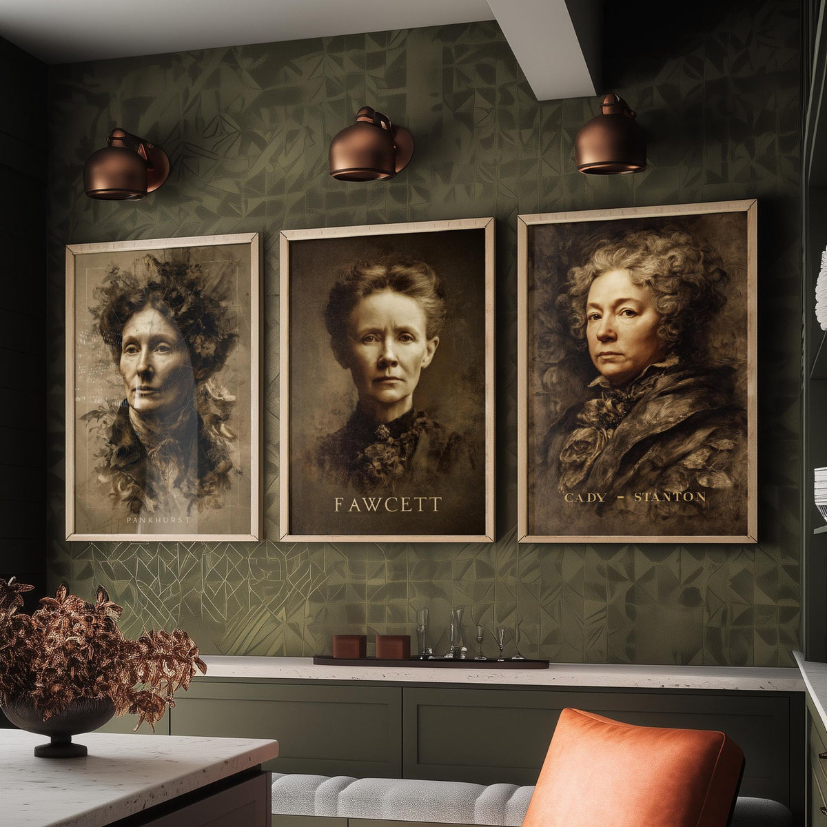 Suffragette Set of Three Art Prints - Pankhurst Fawcett Cady Stanton - 3 Portrait Posters - Painting Wall Art Gift Feminist Votes Women