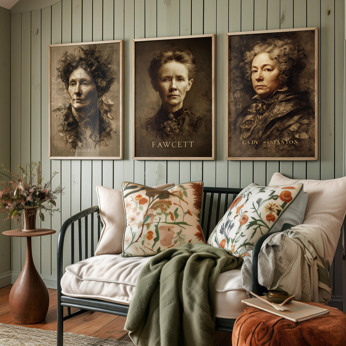 Suffragette Set of Three Art Prints - Pankhurst Fawcett Cady Stanton - 3 Portrait Posters - Painting Wall Art Gift Feminist Votes Women
