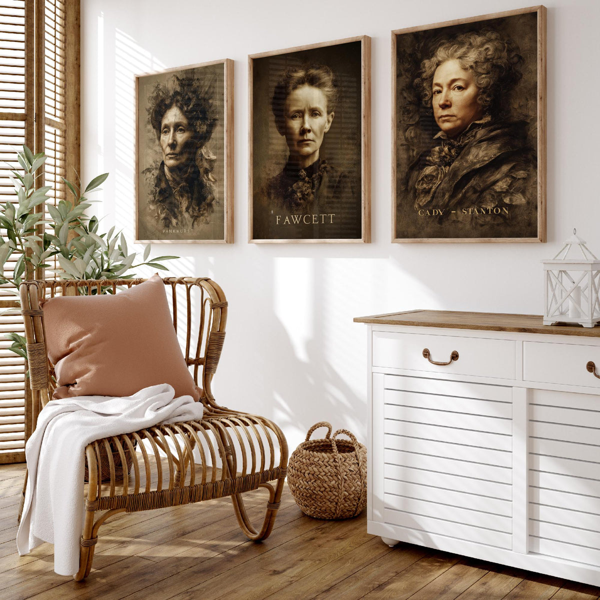 Suffragette Set of Three Art Prints - Pankhurst Fawcett Cady Stanton - 3 Portrait Posters - Painting Wall Art Gift Feminist Votes Women