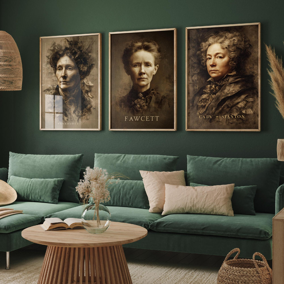 Suffragette Set of Three Art Prints - Pankhurst Fawcett Cady Stanton - 3 Portrait Posters - Painting Wall Art Gift Feminist Votes Women
