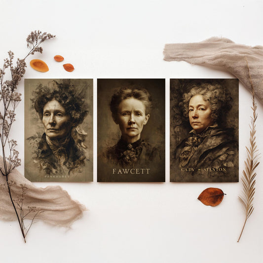 Suffragette Set of Three Art Prints - Pankhurst Fawcett Cady Stanton - 3 Portrait Posters - Painting Wall Art Gift Feminist Votes Women