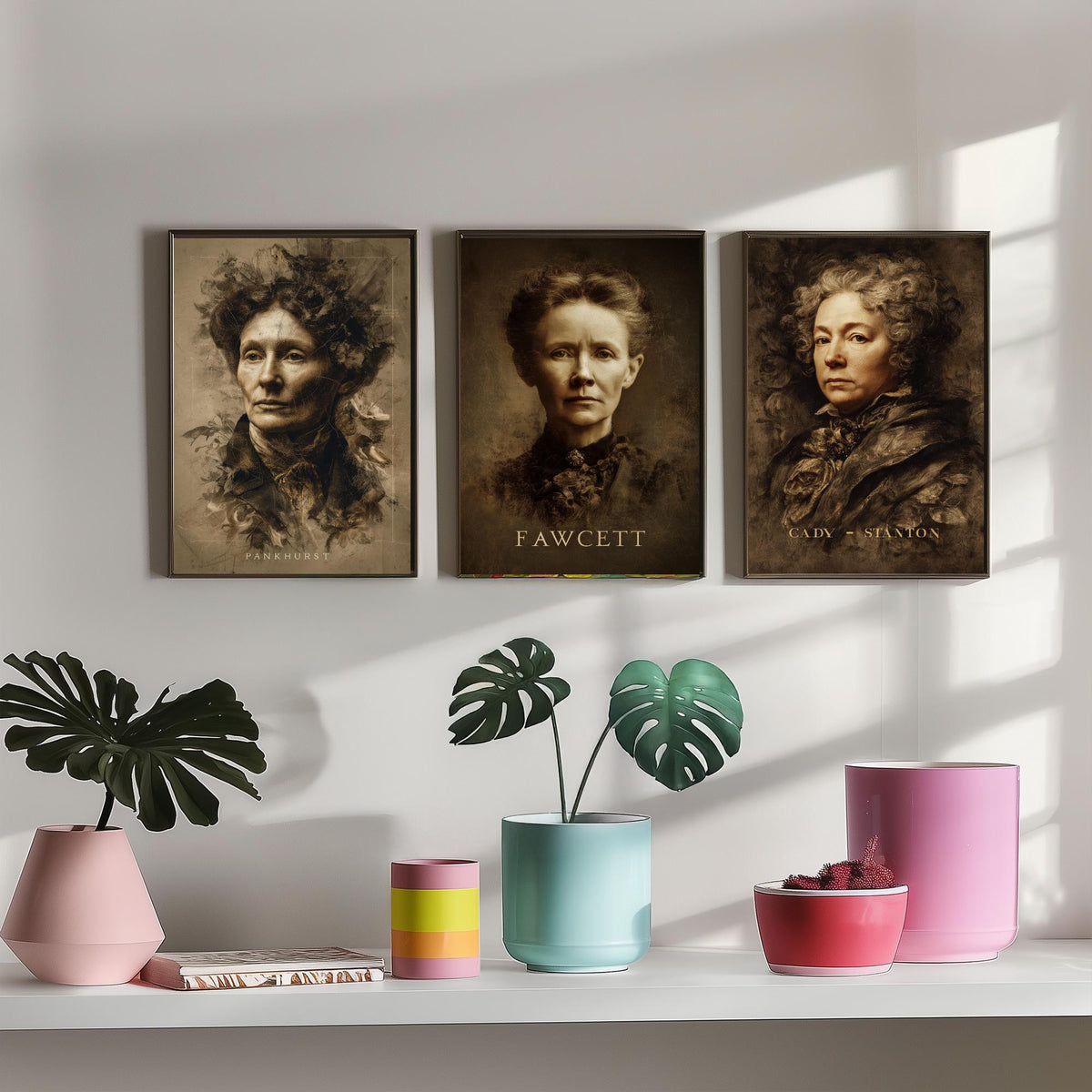 Suffragette Set of Three Art Prints - Pankhurst Fawcett Cady Stanton - 3 Portrait Posters - Painting Wall Art Gift Feminist Votes Women