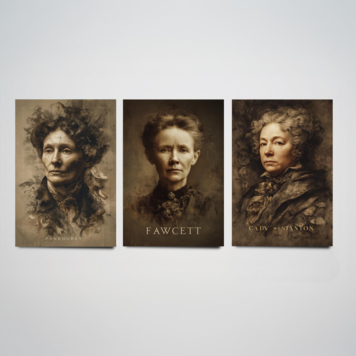 Suffragette Set of Three Art Prints - Pankhurst Fawcett Cady Stanton - 3 Portrait Posters - Painting Wall Art Gift Feminist Votes Women