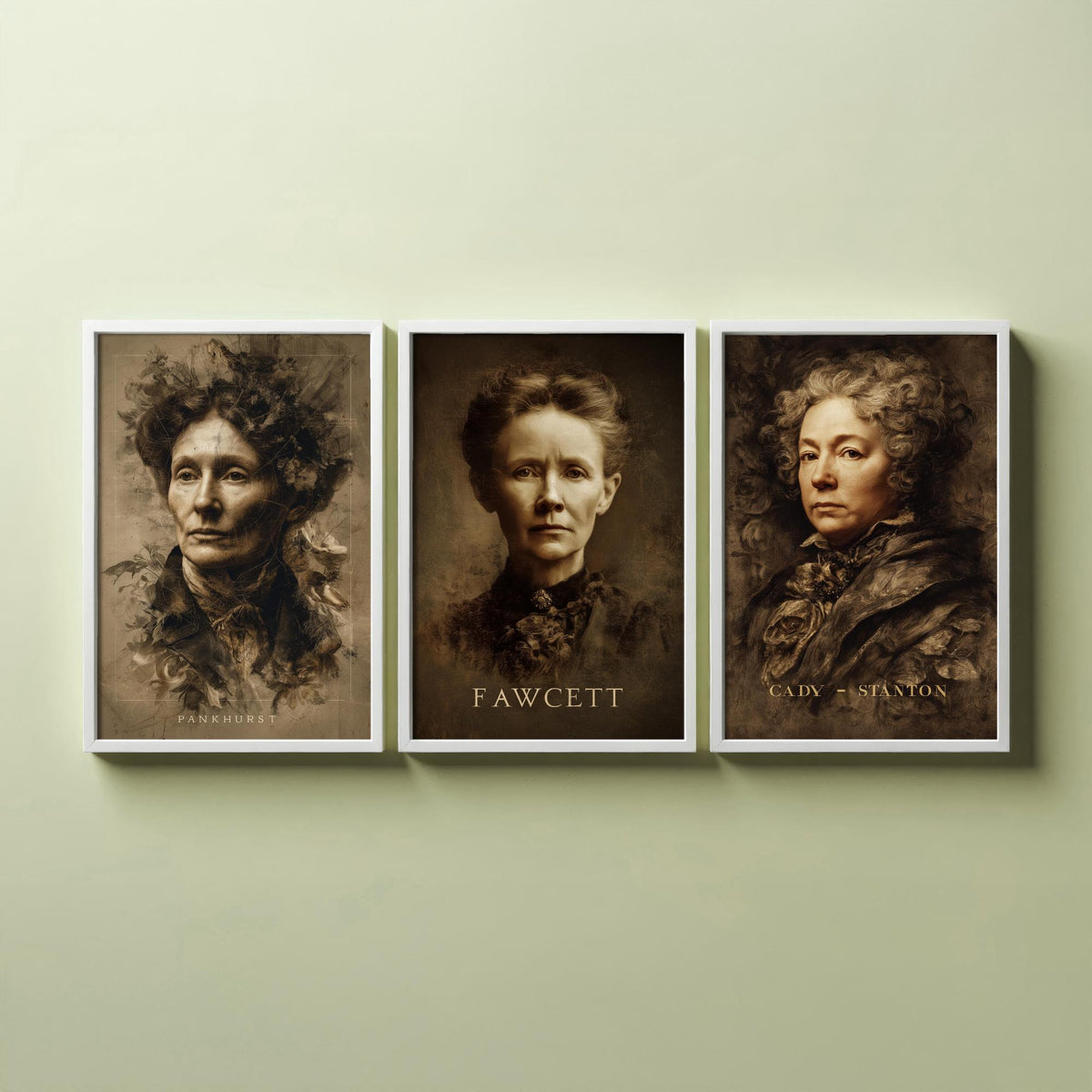 Suffragette Set of Three Art Prints - Pankhurst Fawcett Cady Stanton - 3 Portrait Posters - Painting Wall Art Gift Feminist Votes Women