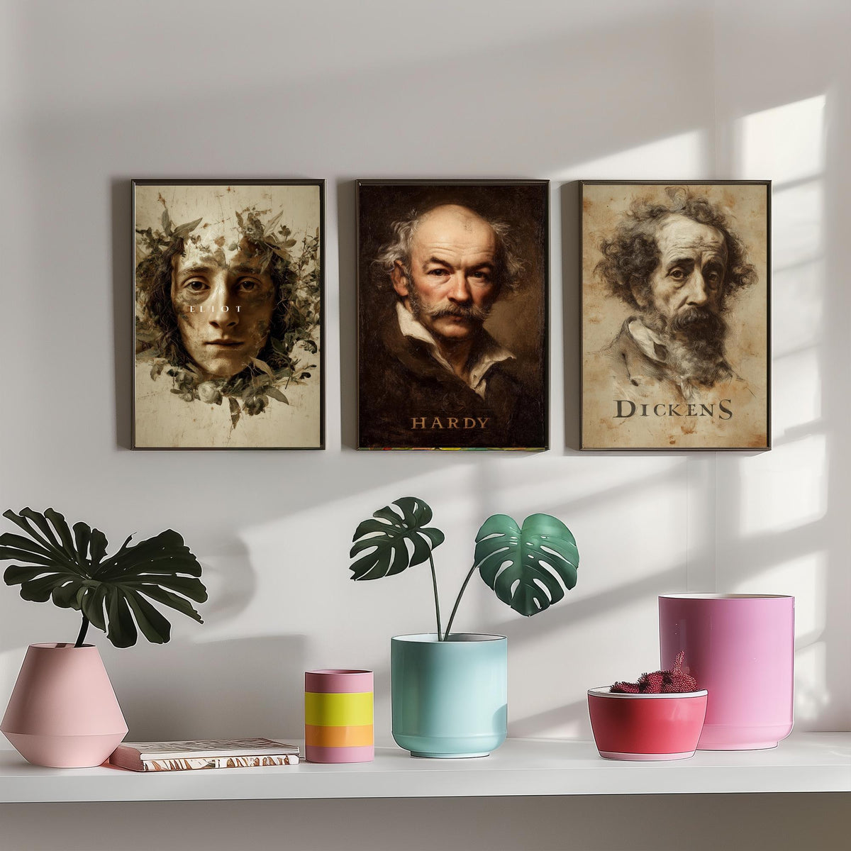 Victorian Novelists Set of Three Art Prints - Dickens Hardy Eliot - 3 Portrait Posters - Painting Wall Art Gift Book Lover Literature