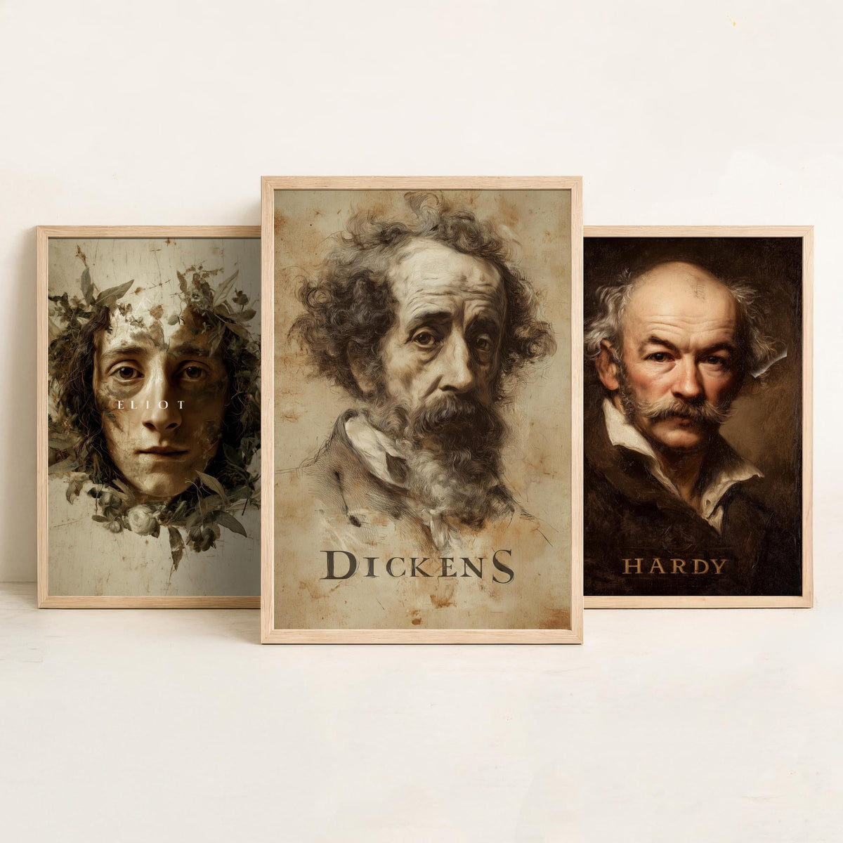 Victorian Novelists Set of Three Art Prints - Dickens Hardy Eliot - 3 Portrait Posters - Painting Wall Art Gift Book Lover Literature