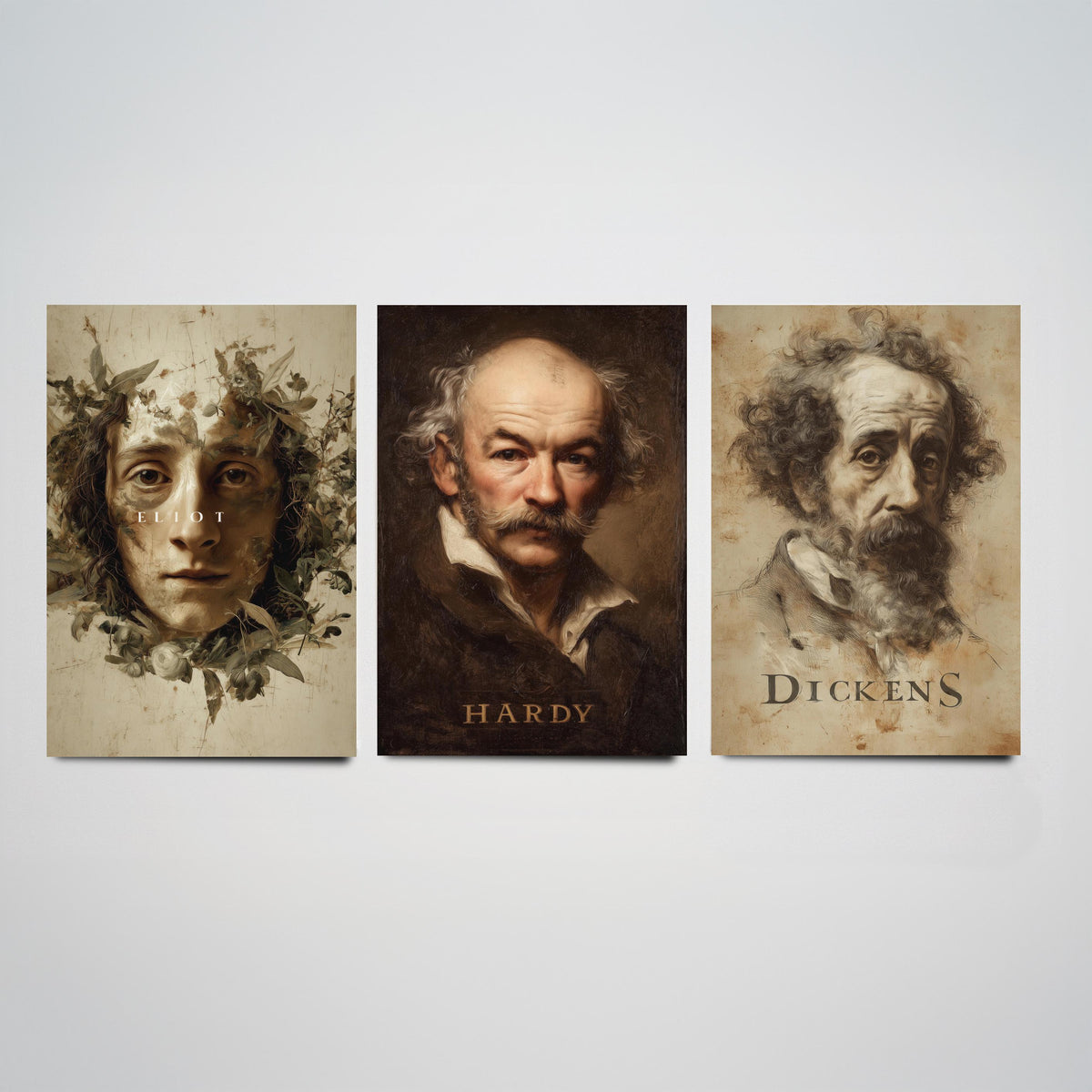 Victorian Novelists Set of Three Art Prints - Dickens Hardy Eliot - 3 Portrait Posters - Painting Wall Art Gift Book Lover Literature