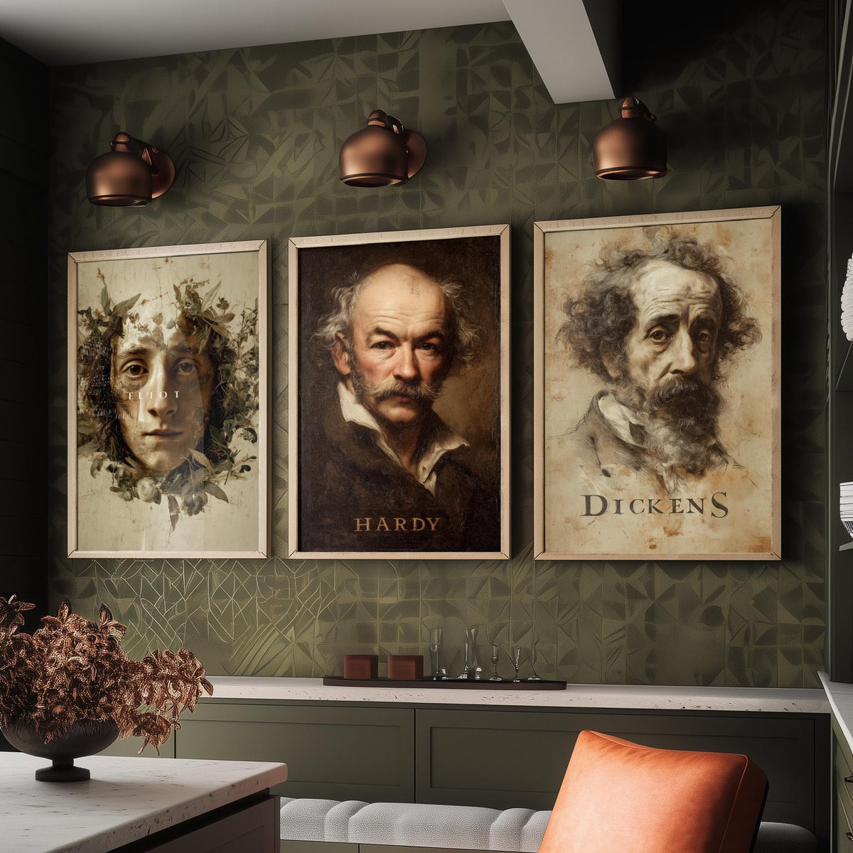 Victorian Novelists Set of Three Art Prints - Dickens Hardy Eliot - 3 Portrait Posters - Painting Wall Art Gift Book Lover Literature