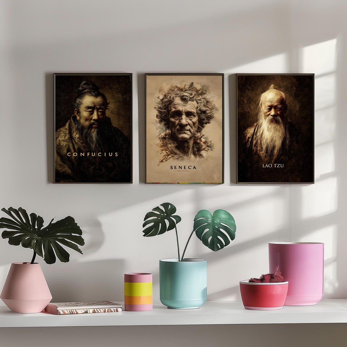 Philosophers Set of Three Art Prints - Confucius Seneca Lao Tzu - 3 Portrait Posters - Painting Wall Art Gift Wisdom Philosophy Teacher