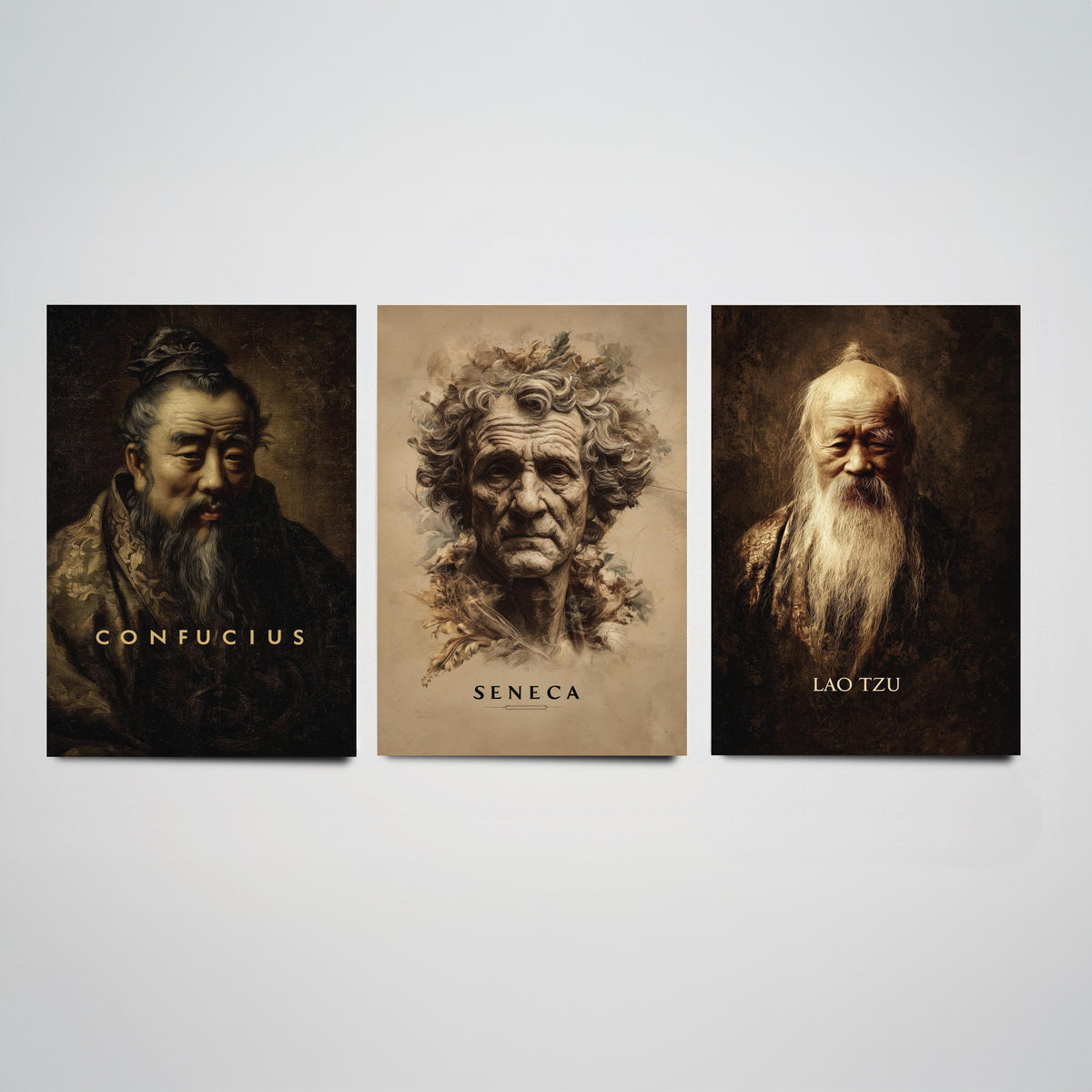 Philosophers Set of Three Art Prints - Confucius Seneca Lao Tzu - 3 Portrait Posters - Painting Wall Art Gift Wisdom Philosophy Teacher