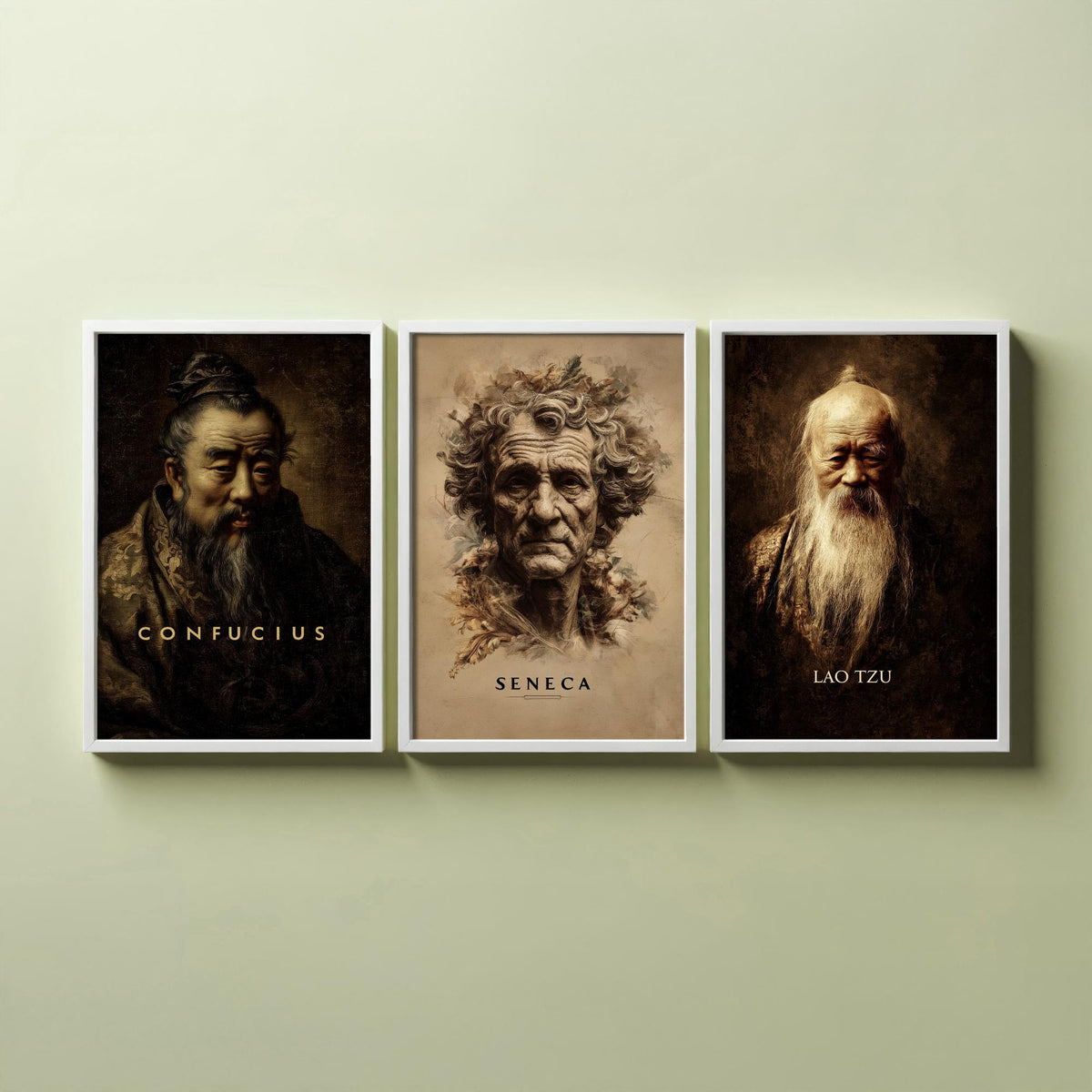 Philosophers Set of Three Art Prints - Confucius Seneca Lao Tzu - 3 Portrait Posters - Painting Wall Art Gift Wisdom Philosophy Teacher