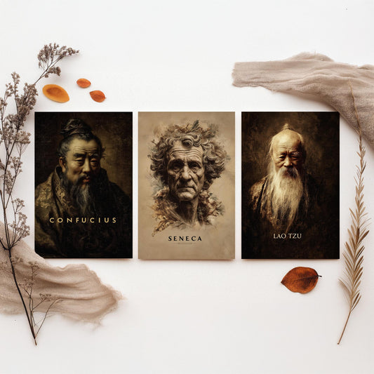 Philosophers Set of Three Art Prints - Confucius Seneca Lao Tzu - 3 Portrait Posters - Painting Wall Art Gift Wisdom Philosophy Teacher