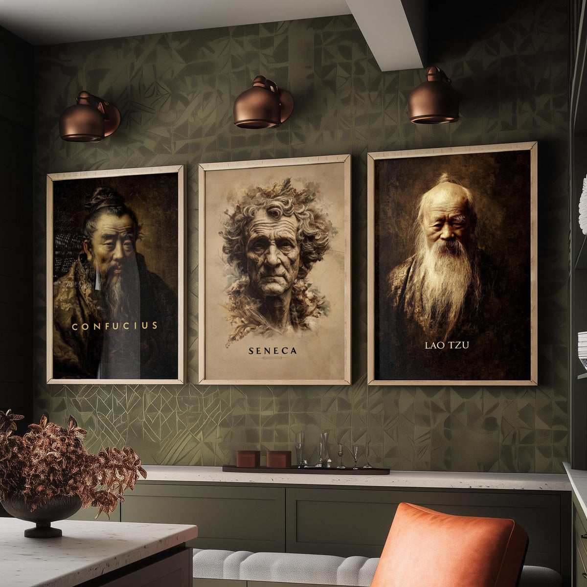 Philosophers Set of Three Art Prints - Confucius Seneca Lao Tzu - 3 Portrait Posters - Painting Wall Art Gift Wisdom Philosophy Teacher