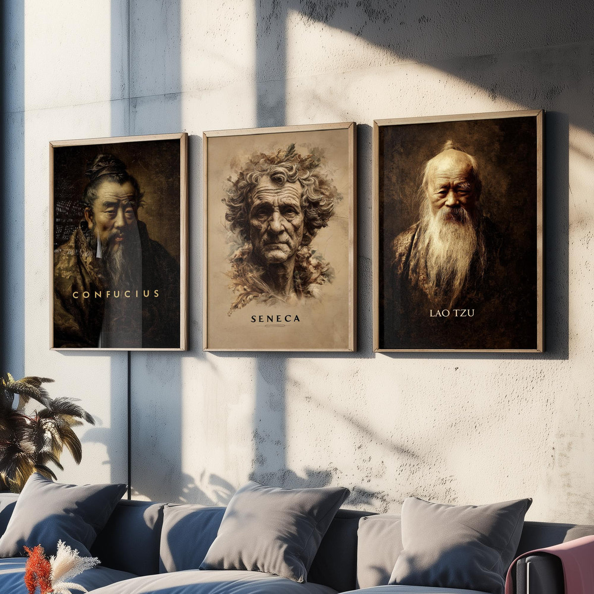 Philosophers Set of Three Art Prints - Confucius Seneca Lao Tzu - 3 Portrait Posters - Painting Wall Art Gift Wisdom Philosophy Teacher