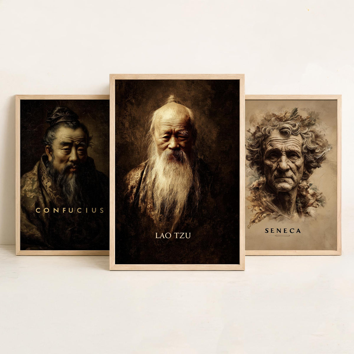 Philosophers Set of Three Art Prints - Confucius Seneca Lao Tzu - 3 Portrait Posters - Painting Wall Art Gift Wisdom Philosophy Teacher