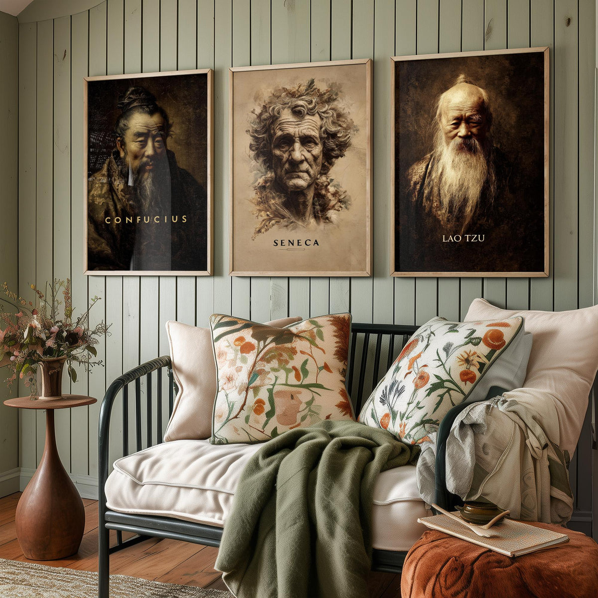 Philosophers Set of Three Art Prints - Confucius Seneca Lao Tzu - 3 Portrait Posters - Painting Wall Art Gift Wisdom Philosophy Teacher