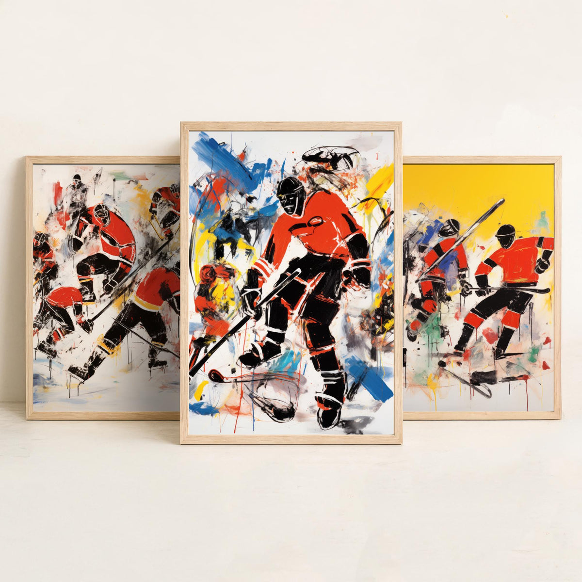 Ice Hockey Graffiti Set of Three Art Prints - Expressive Players in Red and Black - Bold Sport Poster Painting