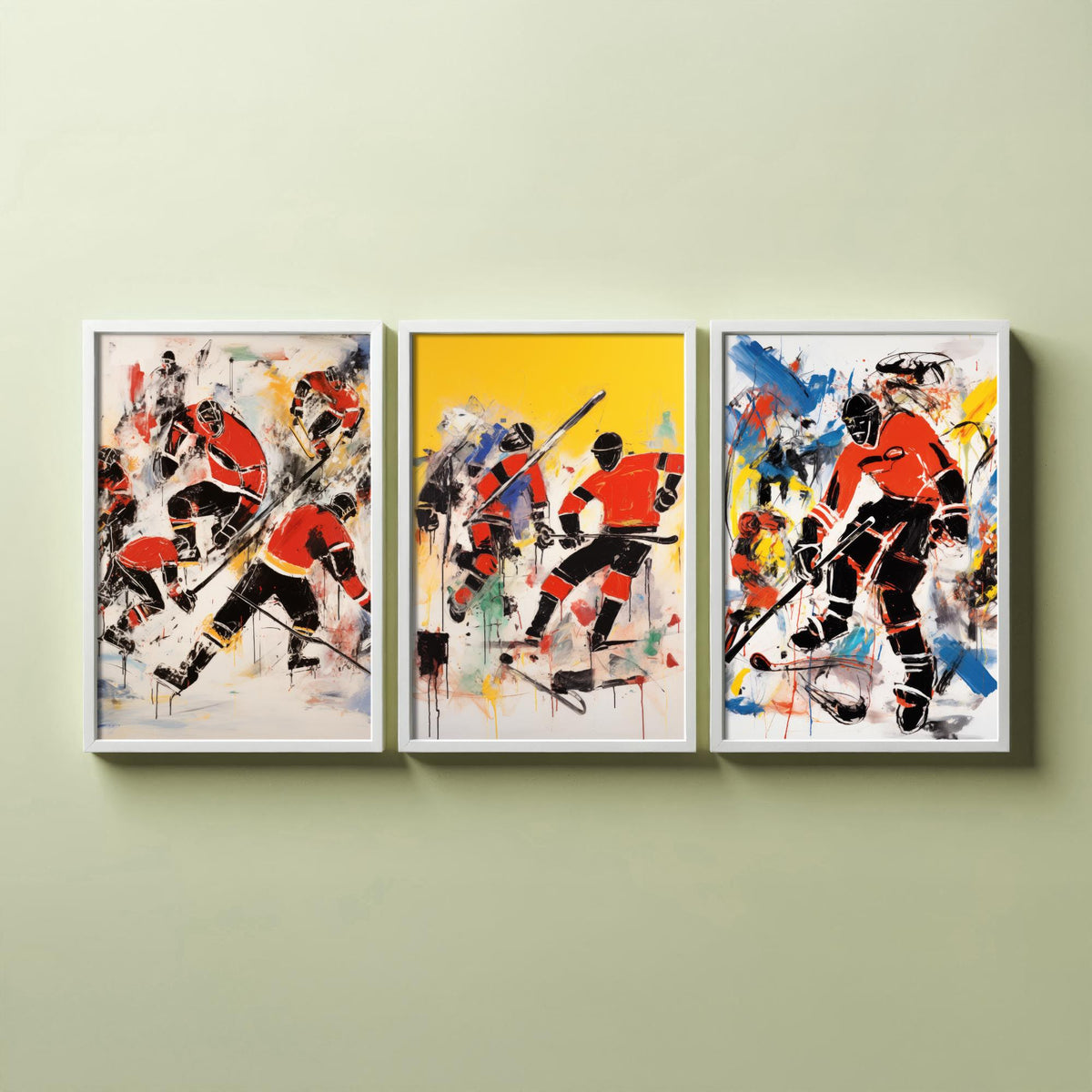 Ice Hockey Graffiti Set of Three Art Prints - Expressive Players in Red and Black - Bold Sport Poster Painting