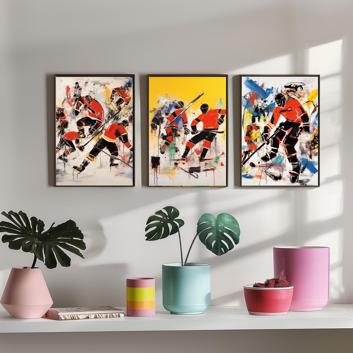 Ice Hockey Graffiti Set of Three Art Prints - Expressive Players in Red and Black - Bold Sport Poster Painting