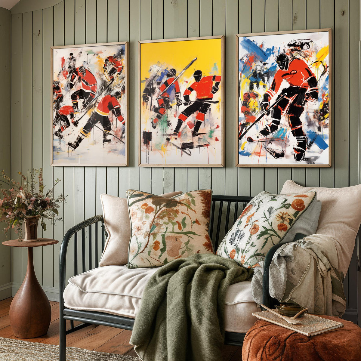 Ice Hockey Graffiti Set of Three Art Prints - Expressive Players in Red and Black - Bold Sport Poster Painting