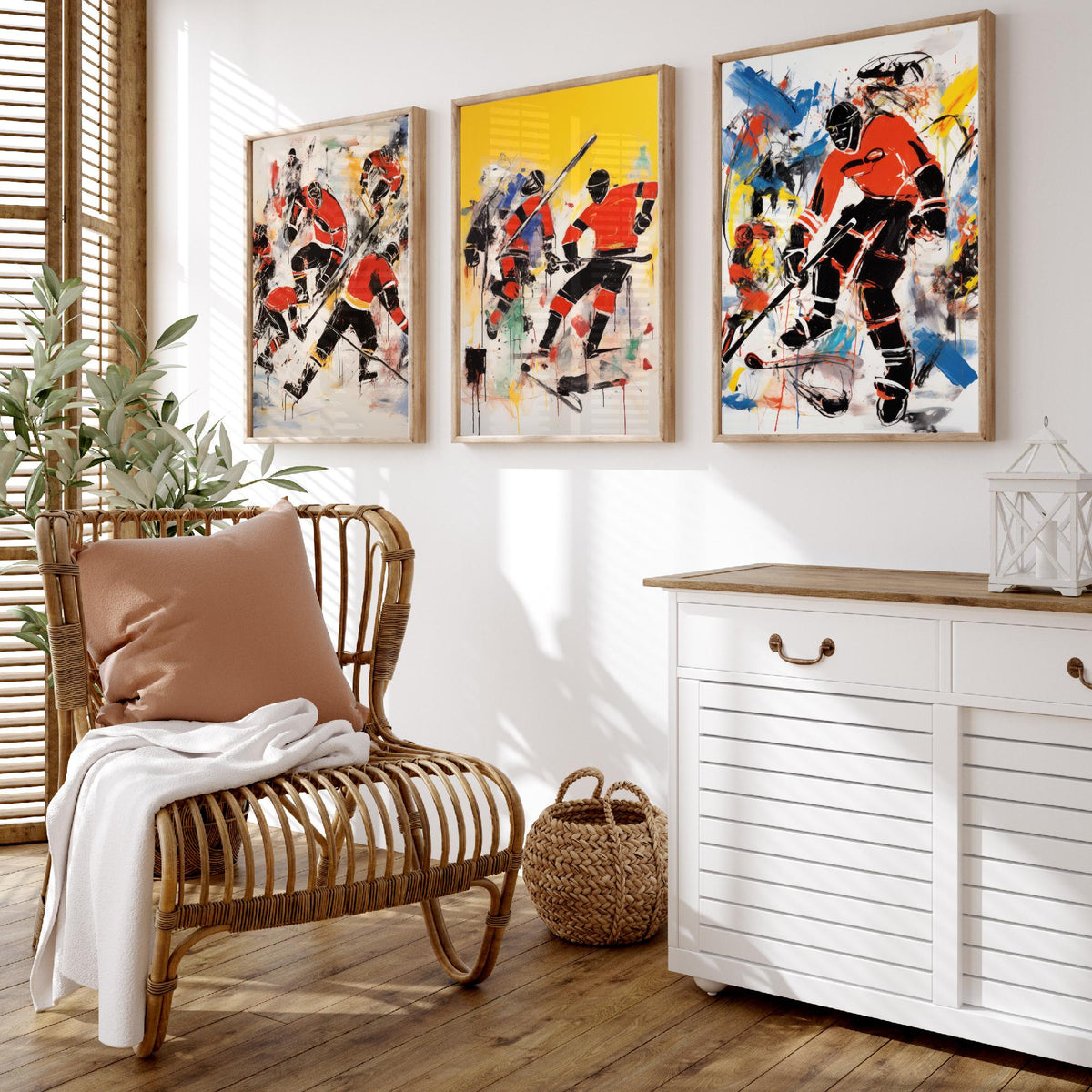 Ice Hockey Graffiti Set of Three Art Prints - Expressive Players in Red and Black - Bold Sport Poster Painting
