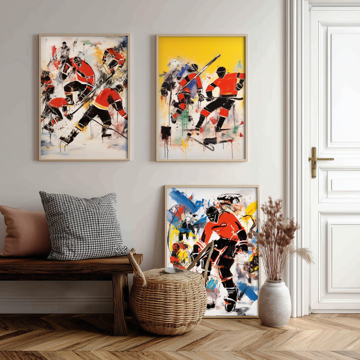 Ice Hockey Graffiti Set of Three Art Prints - Expressive Players in Red and Black - Bold Sport Poster Painting